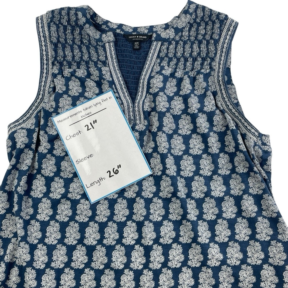 Lucky Brand Smocked Yoke Sleeveless Tank Blue Floral Print, Embroidered Size M - Picture 3 of 8